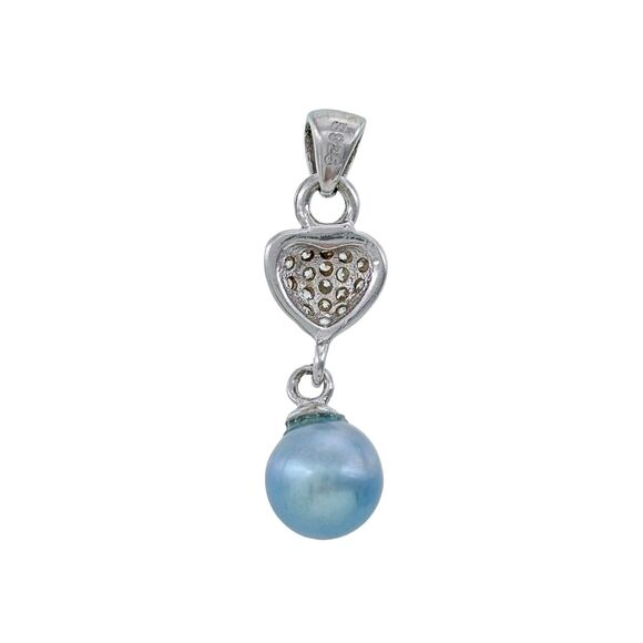 Vintage Sterling Silver 925 Pave Cubic Zirconia Heart Blue Pearl Dangle Pendant - Picture 2 of 5